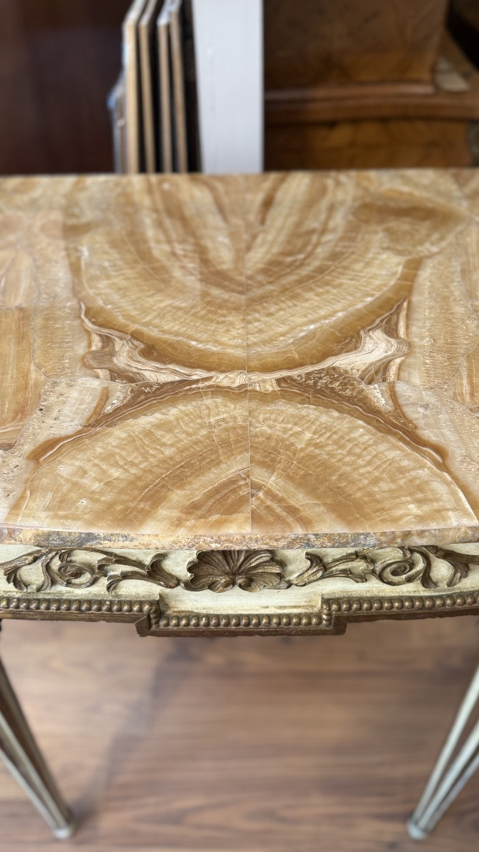 Demilune Console Table With Top In Fine Giallo Siena Marble, 19th Century Italian Manufacture.-photo-2