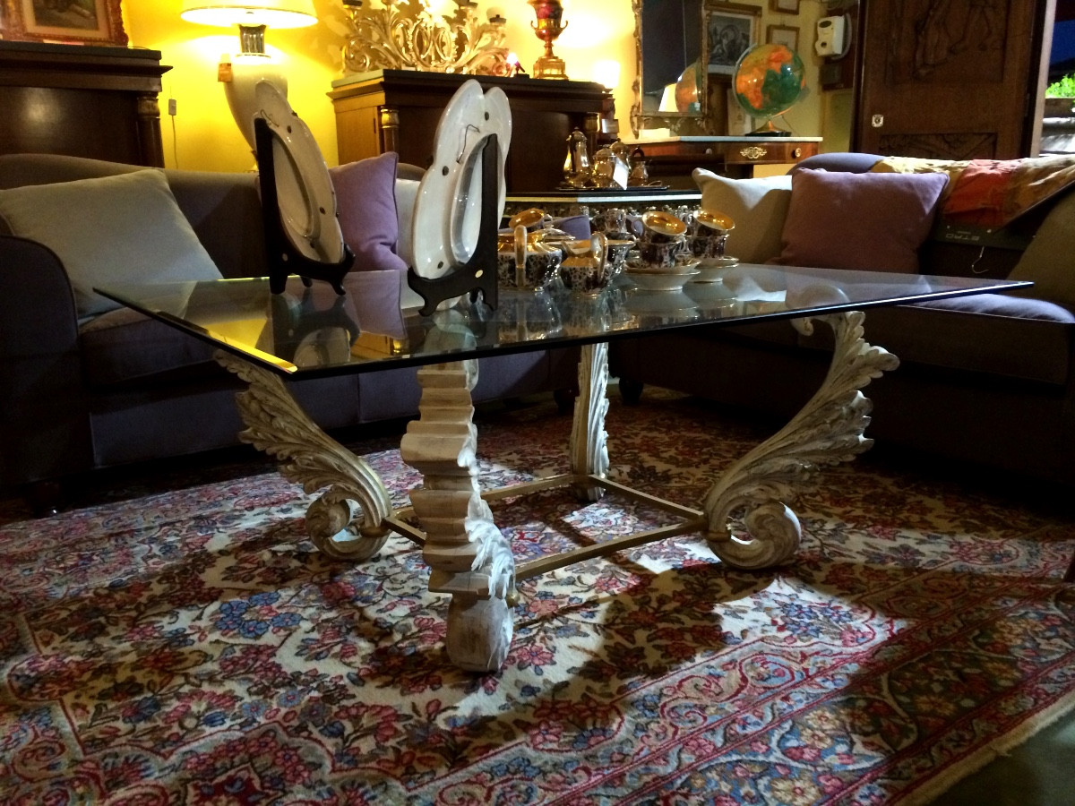 Smoking Table Made With 18th Century Wooden Friezes, Bound By A Gilded Iron Frame.