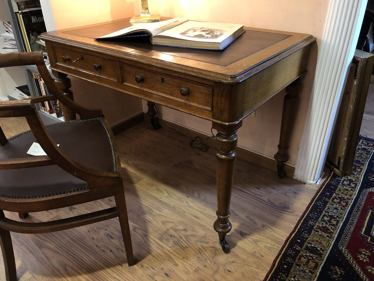 Two-drawer Desk In Oak With Leather Top. France At The End Of The 19th Century.-photo-2