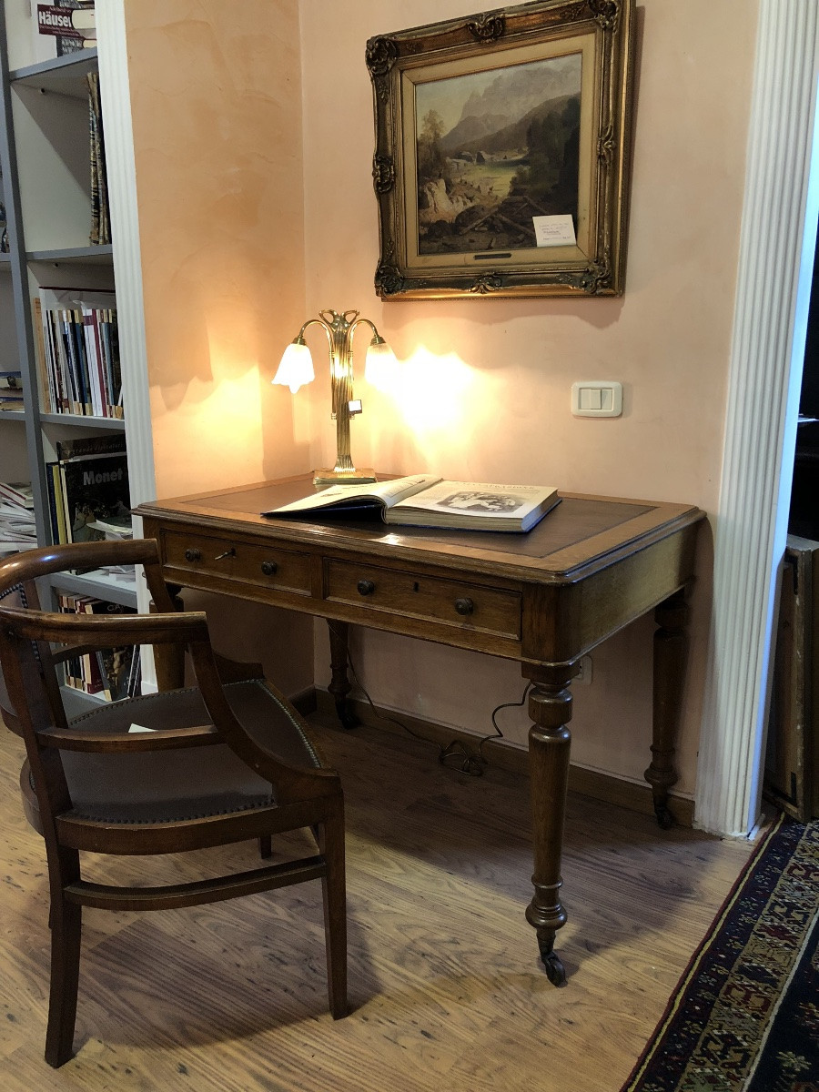 Two-drawer Desk In Oak With Leather Top. France At The End Of The 19th Century.-photo-1