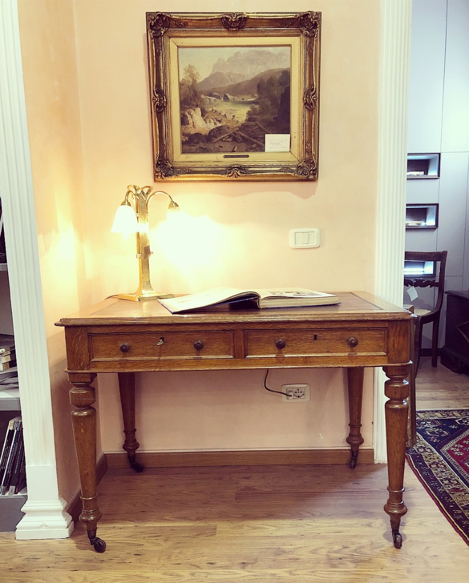 Two-drawer Desk In Oak With Leather Top. France At The End Of The 19th Century.-photo-3