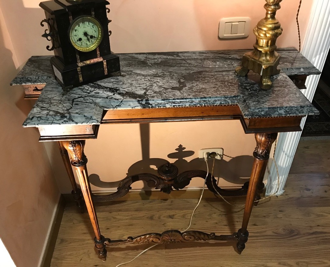 Late 19th Century Antique Console Table In Carved Walnut And Green Marble-photo-2