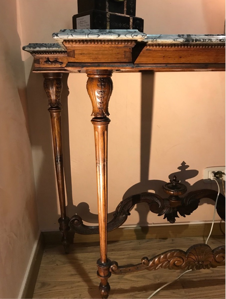 Late 19th Century Antique Console Table In Carved Walnut And Green Marble-photo-3