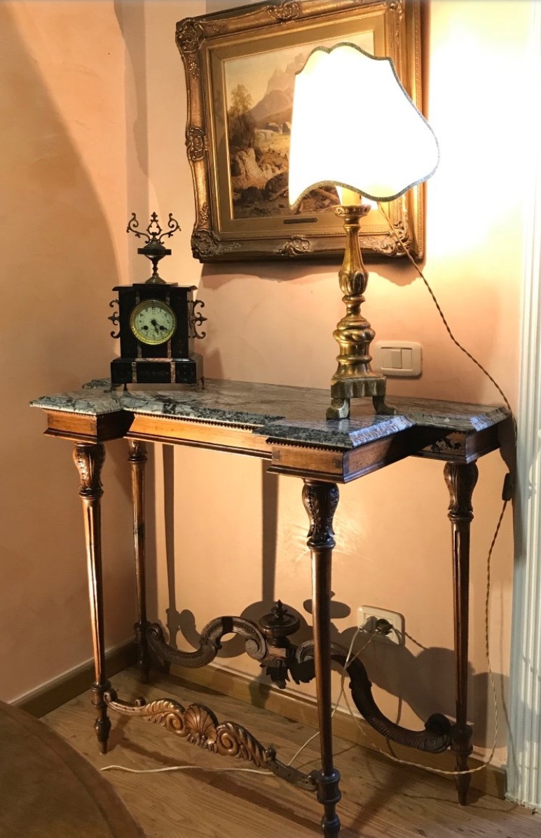 Late 19th Century Antique Console Table In Carved Walnut And Green Marble
