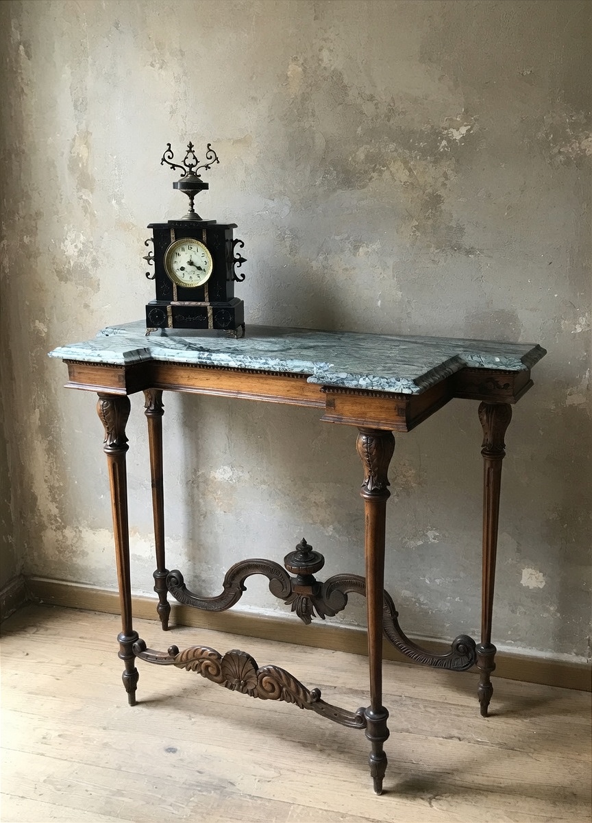 Console Ancienne Fin XIXe Siècle en Noyer Sculpté et Marbre Vert