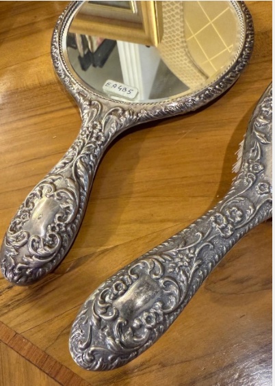 T﻿hree-piece Silver Vanity Set, Consisting Of A Hand Mirror, A Hairbrush And A Small Brush.-photo-2