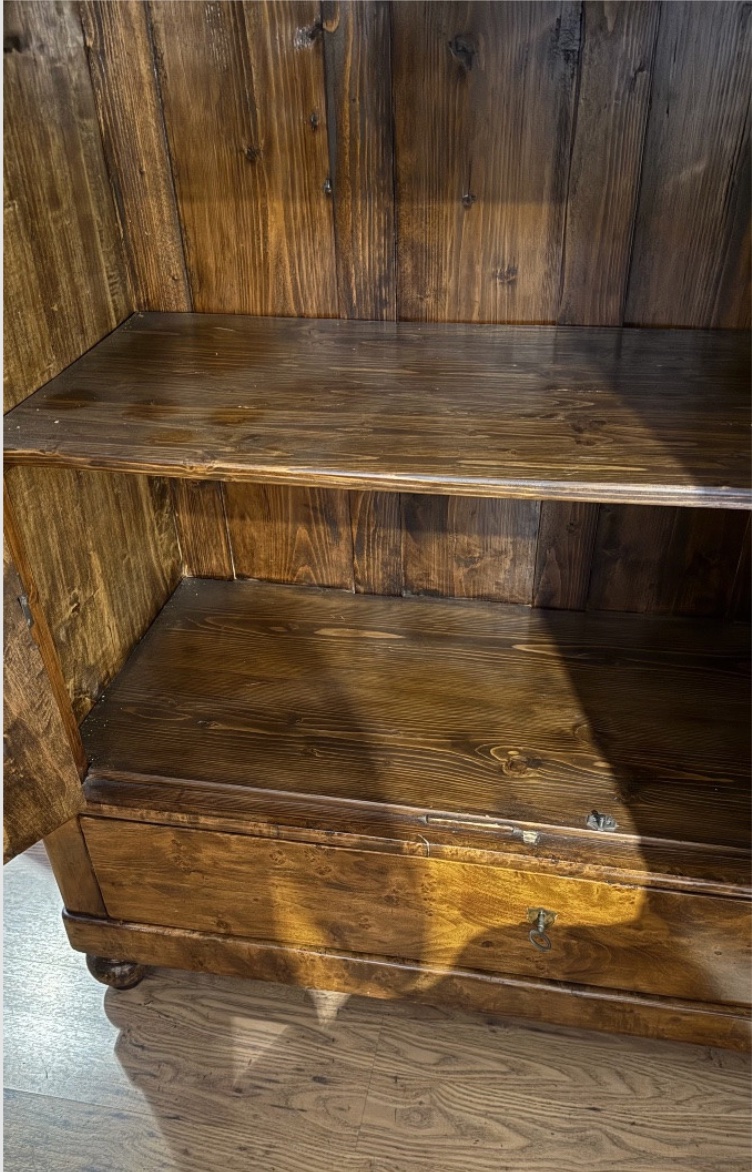 Two-door Walnut Solid Wood Wardrobe With Drawer – Early 20th Century -photo-3