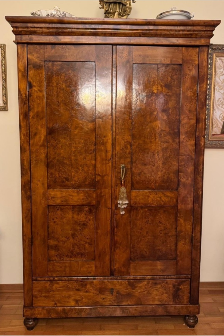 Two-door Walnut Solid Wood Wardrobe With Drawer – Early 20th Century -photo-4