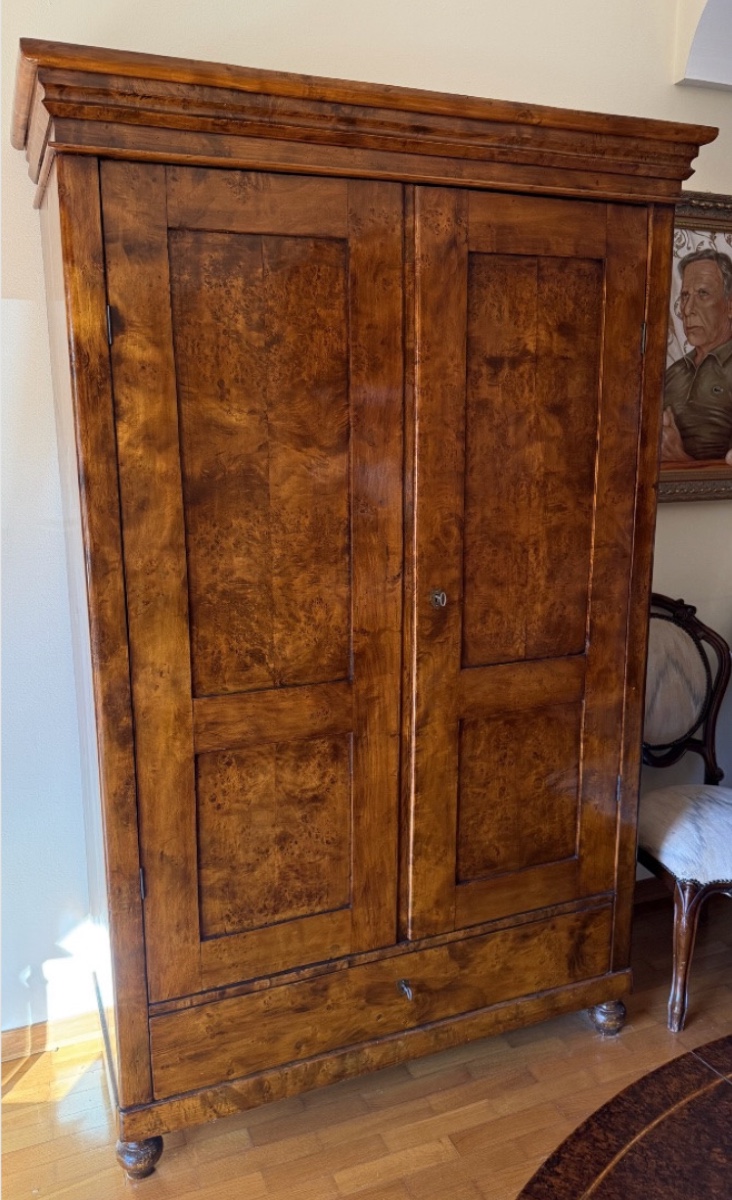 Two-door Walnut Solid Wood Wardrobe With Drawer – Early 20th Century 