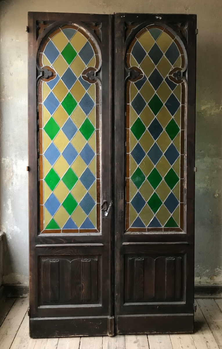 Refined Glazed Door With Lead-set Mosaic And Solid Oak Frame.