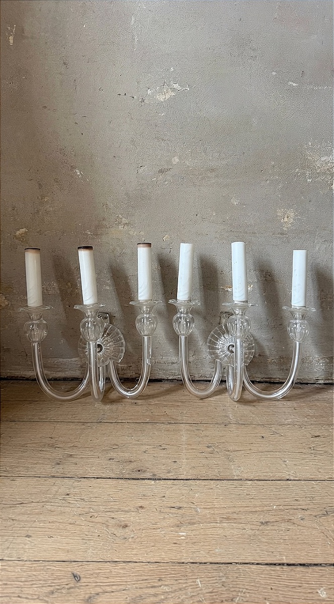 Pair Of Three-light Wall Appliques In Transparent Murano Glass