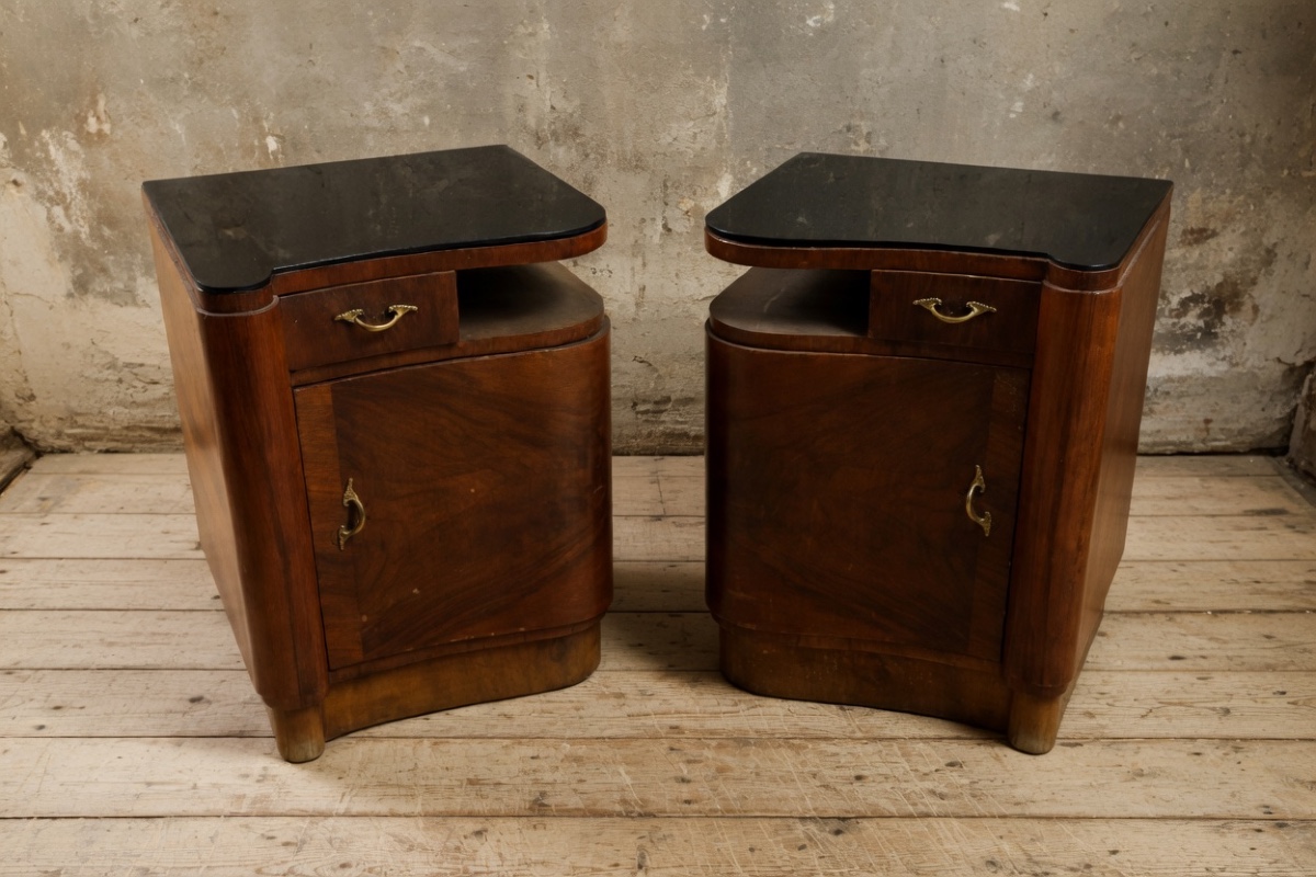 Ensemble de chambre Art Déco – Lit double, armoire et paire de tables de chevetAnnées 1920-photo-1