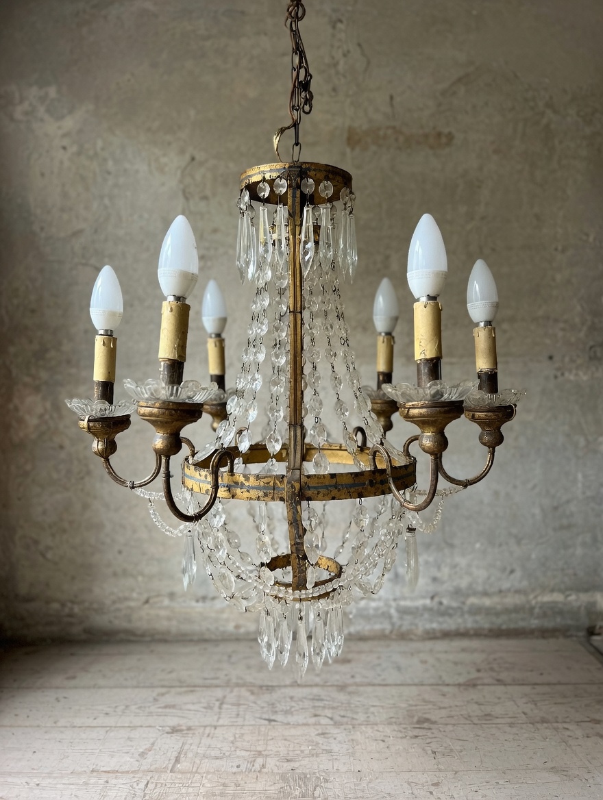 Six-light Crystal Drop Chandelier Dating From The Mid-19th Century.