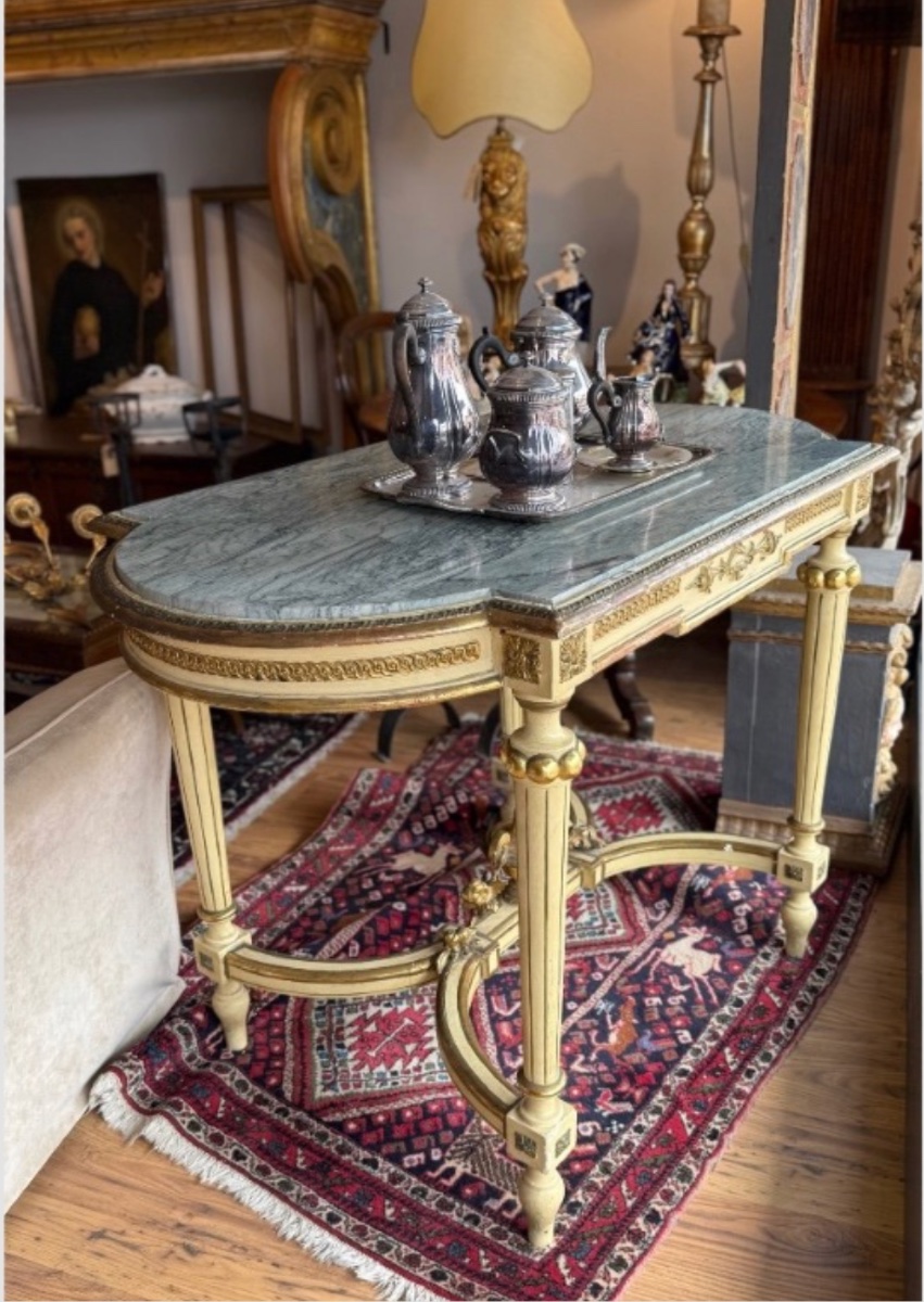 Console Louis XVI en laque et or avec plateau en marbre-photo-2