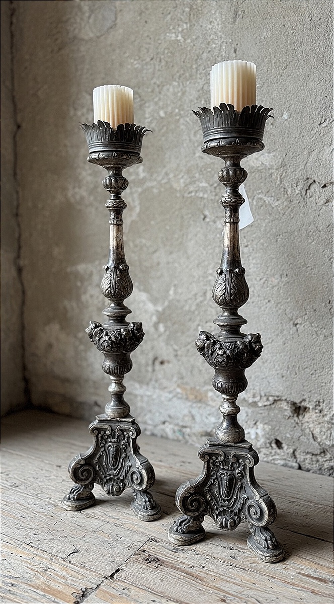 Carved Wood And Silver-leaf Candlesticks, Genoa, Late 18th Century