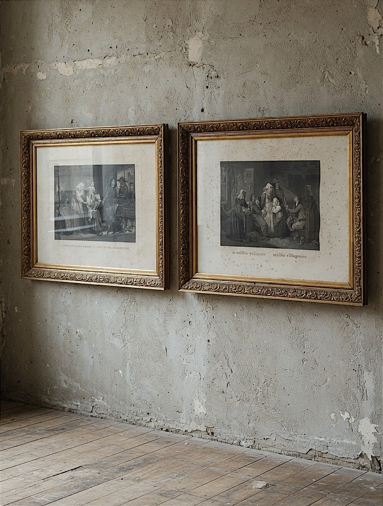 Paire de tableaux représentant des scènes familiales datant de la fin du XIXe siècle.