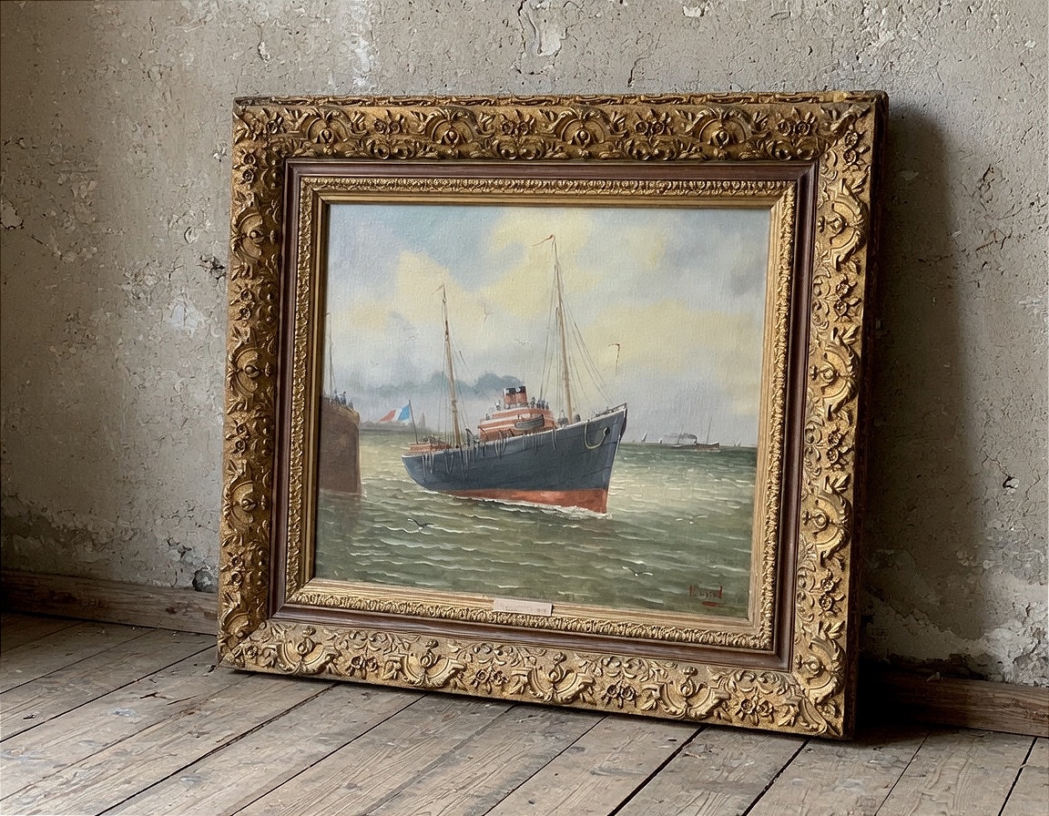Peinture représentant une scène marine, huile sur toile datant du XIXe siècle et signée Varnei.