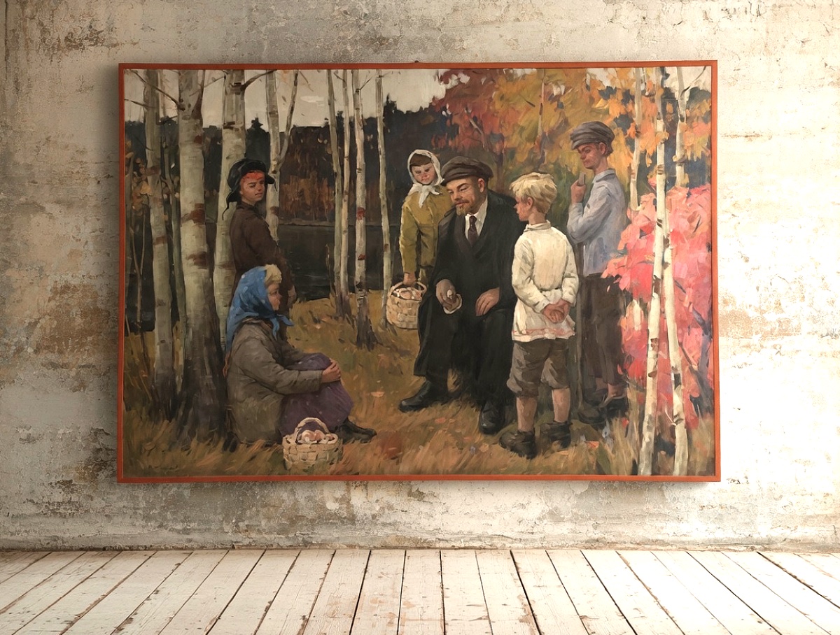 Huile sur toile signée Sokolov Vladimir Aleksandrovich, représentant Lénine en compagnie