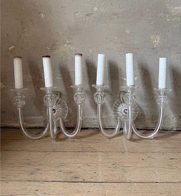 Appliques murales à trois lumières en verre de Murano transparent, réalisées dans les années 80