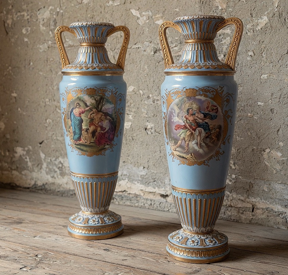 Vases en porcelaine à fond bleu céleste, Sèvres