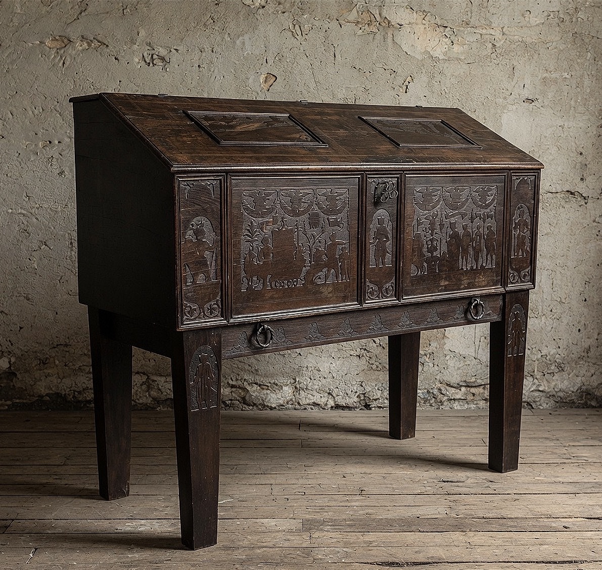 Dressoir à Abattant en Chêne Massif avec Bas-reliefs (Fin du XVIIIe Siècle)