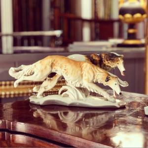 Porcelain Statue Of Two Racing Greyhounds. Karl Ens Germany Early 1900s.