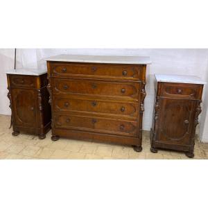 Walnut Chest Of Drawers And Bedside Tables With Late 19th Century Marble Top