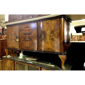 Sideboard In Walnut Root With Wavy Sides. Ebonized Top With Shaped Glass. Mid-20th Century 