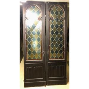 Glass Door With Lead-bound Mosaic, Oak Wood Frame