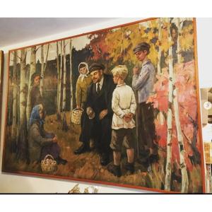 Oil Painting On Canvas, Depicting Lenin With Children In The Woods. Painter Sokolov Vladimir 