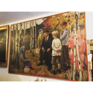 Signed Oil On Canvas Depicting Lenin With Children In The Woods. Painter Sokolov Vladimir.