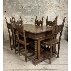 Tuscan Solid Wood Dining Table With Four Original Chairs, Dating From The First 20th Century.