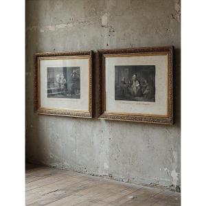Paire de tableaux représentant des scènes familiales datant de la fin du XIXe siècle.