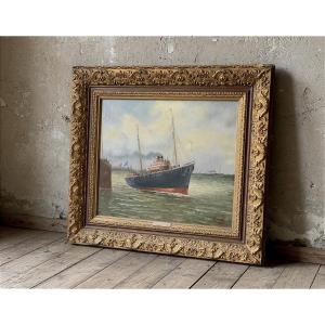 Peinture représentant une scène marine, huile sur toile datant du XIXe siècle et signée Varnei.