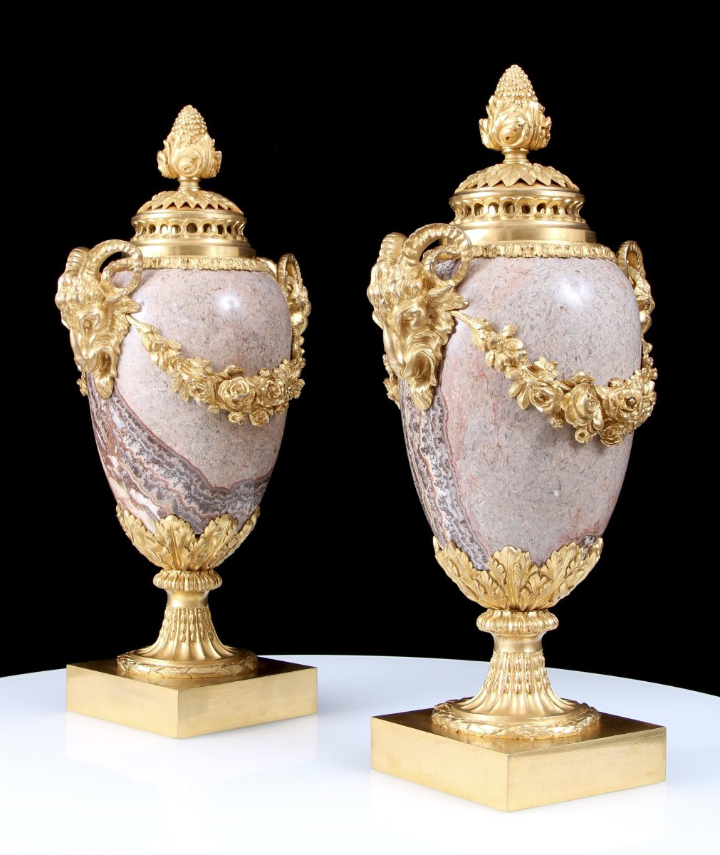 Pair 19th Century Gilt Bronze Mounted Alabastro Fiorito Lidded Vases-photo-2