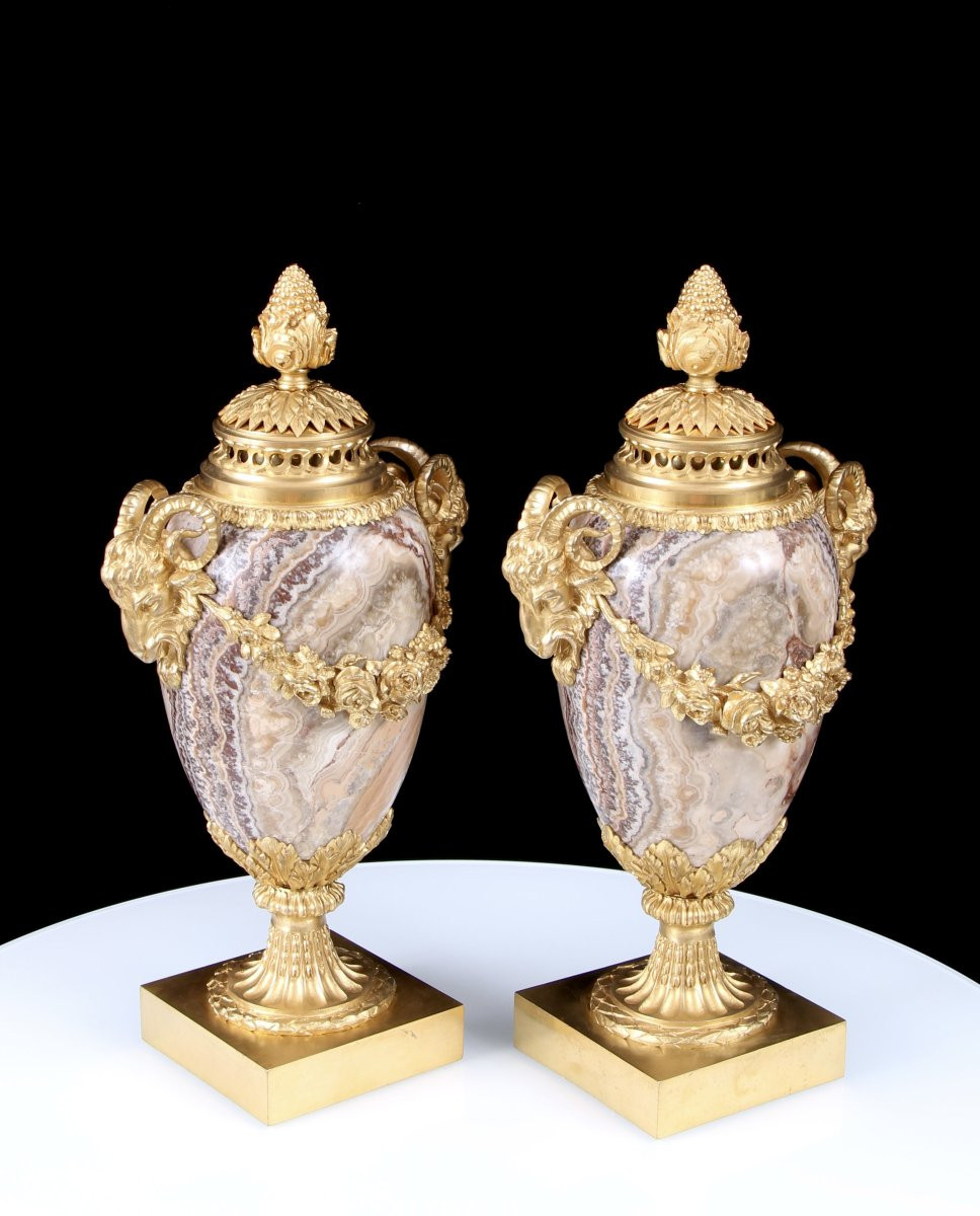 Pair 19th Century Gilt Bronze Mounted Alabastro Fiorito Lidded Vases-photo-7