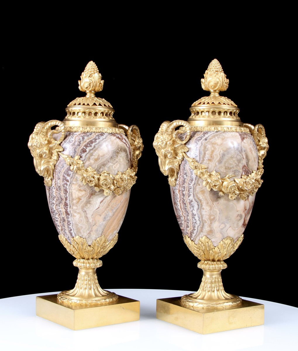 Pair 19th Century Gilt Bronze Mounted Alabastro Fiorito Lidded Vases