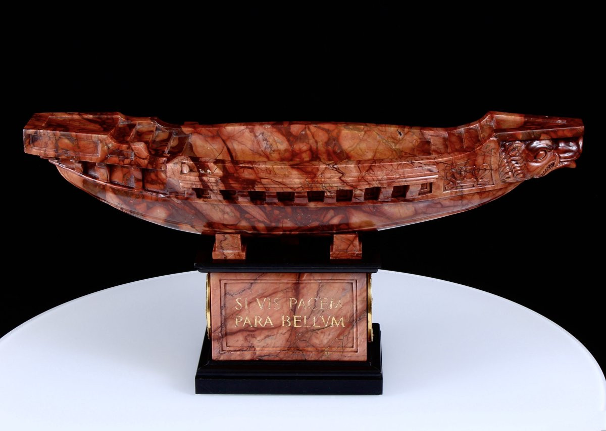 Rare Brèche Grand Tour 19ème Sculpté Marbre Sanguine & Bronze Doré Navicella-photo-2