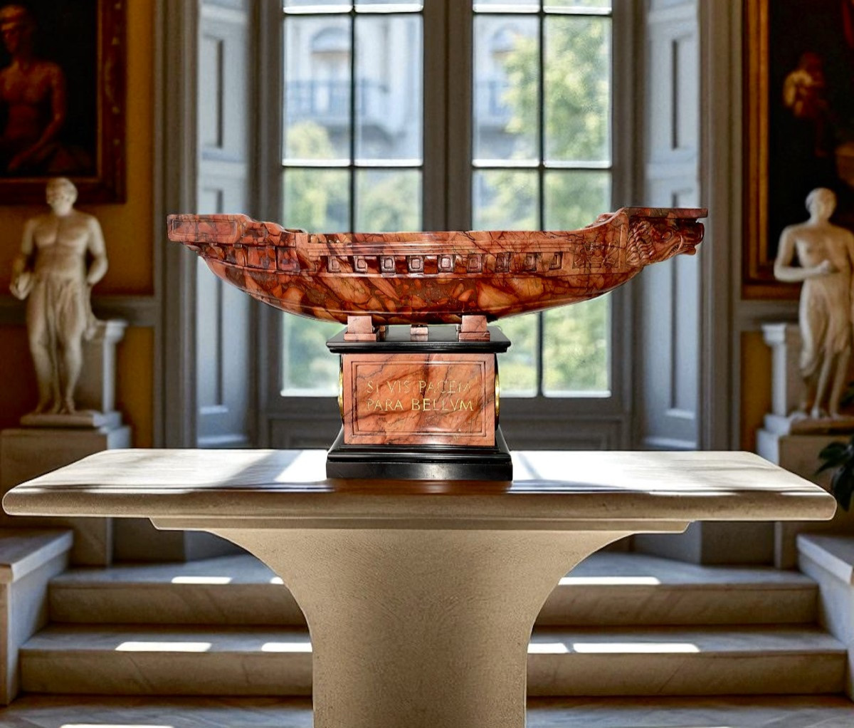 Rare Brèche Grand Tour 19ème Sculpté Marbre Sanguine & Bronze Doré Navicella-photo-1