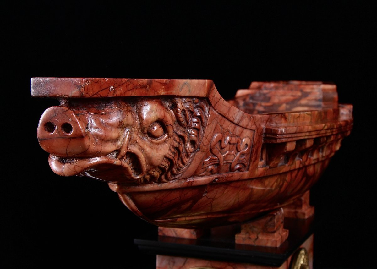 Rare Brèche Grand Tour 19ème Sculpté Marbre Sanguine & Bronze Doré Navicella-photo-2