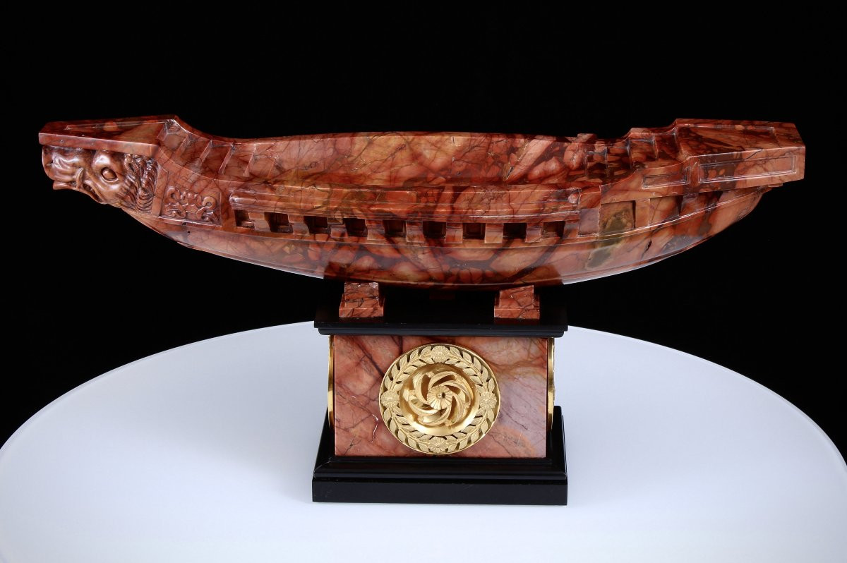 Rare Brèche Grand Tour 19ème Sculpté Marbre Sanguine & Bronze Doré Navicella-photo-5