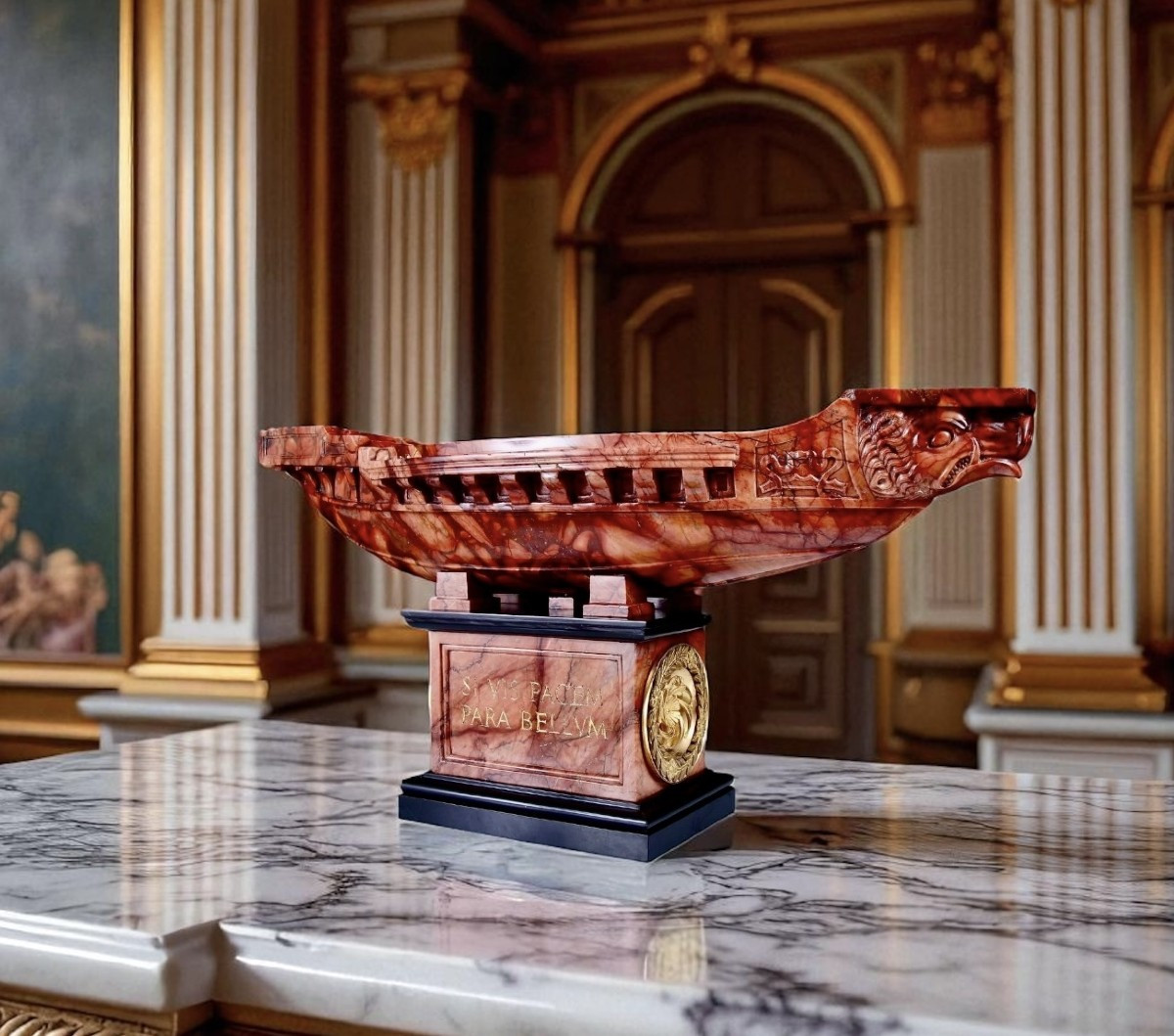 Rare Brèche Grand Tour 19ème Sculpté Marbre Sanguine & Bronze Doré Navicella