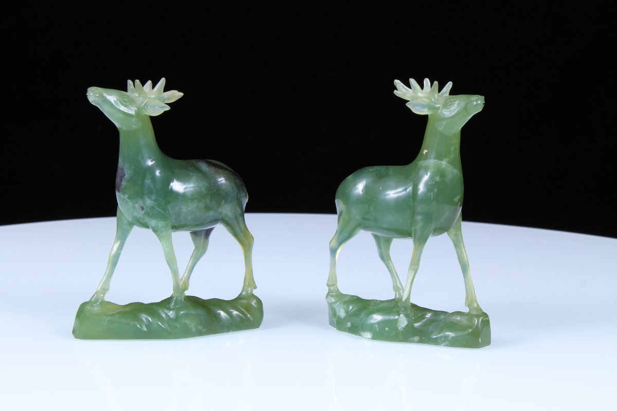 Pair Of Russian Art Deco Carved Bowenite Deer From Idar-oberstein-photo-2