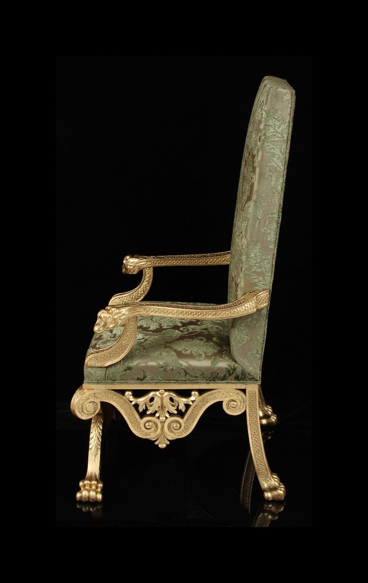 Fauteuil trône en bois doré du XIXe siècle, design attribué à William Kent-photo-2