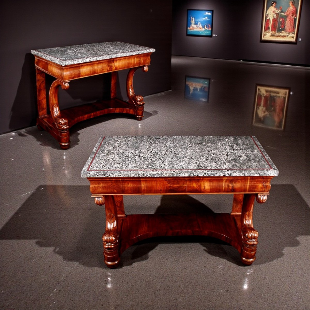 Pair Of 19th-century Orbicular Granite & Walnut Console Tables 