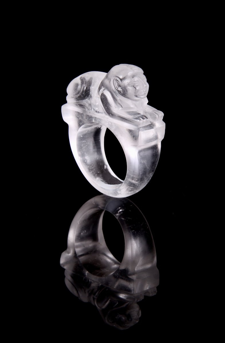 Egyptian Sphinx Ring In Carved Rock Crystal, Late 19th Century-photo-3