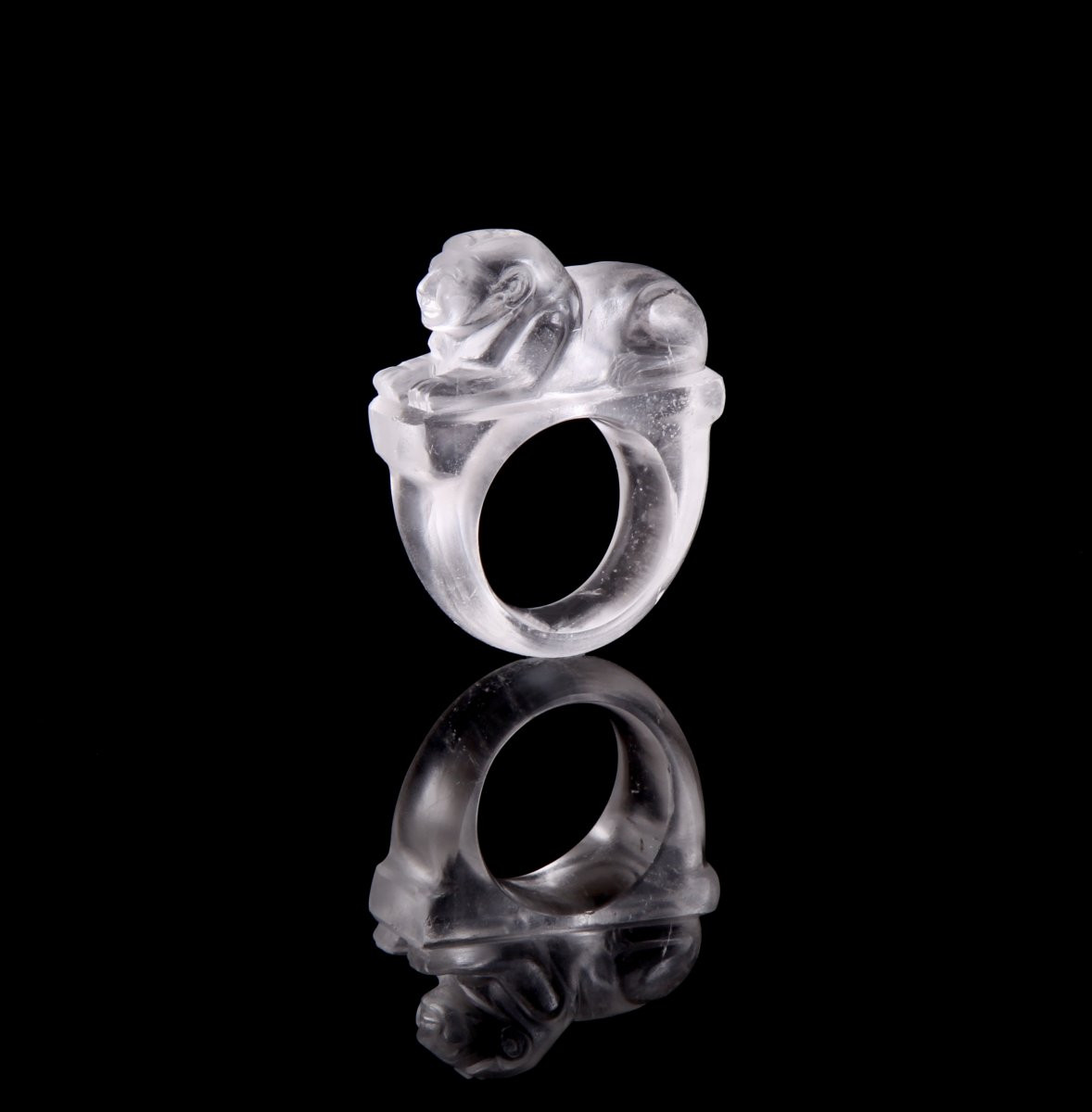 Egyptian Sphinx Ring In Carved Rock Crystal, Late 19th Century-photo-4