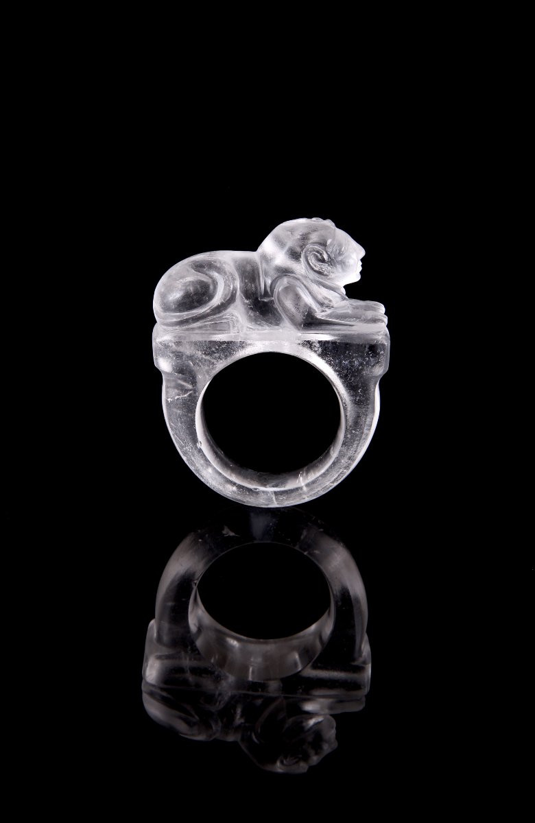 Egyptian Sphinx Ring In Carved Rock Crystal, Late 19th Century-photo-1