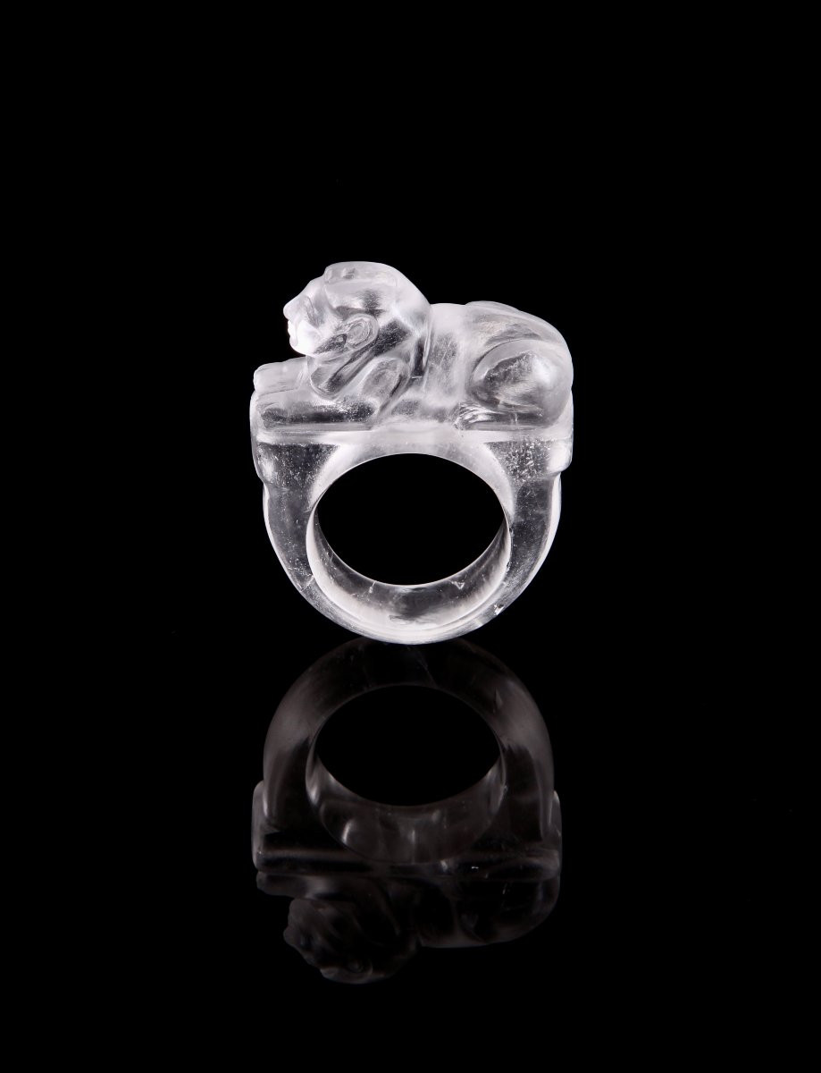 Egyptian Sphinx Ring In Carved Rock Crystal, Late 19th Century-photo-3
