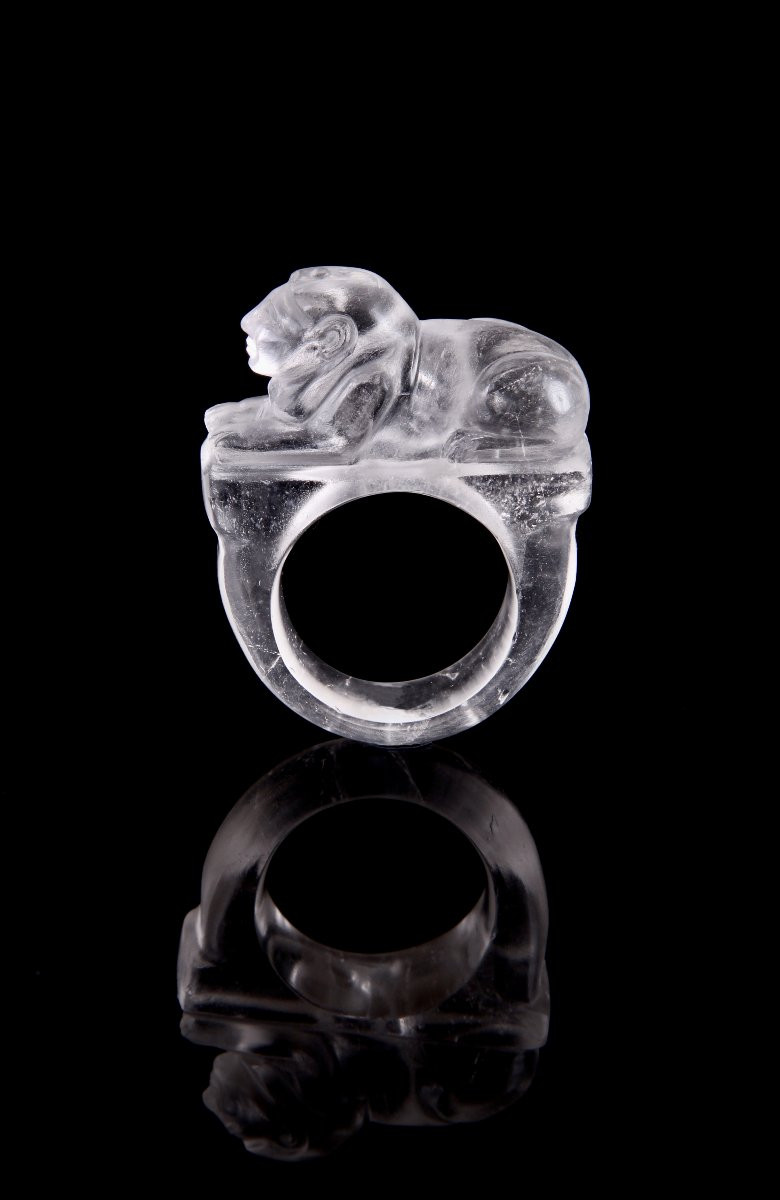 Egyptian Sphinx Ring In Carved Rock Crystal, Late 19th Century-photo-4